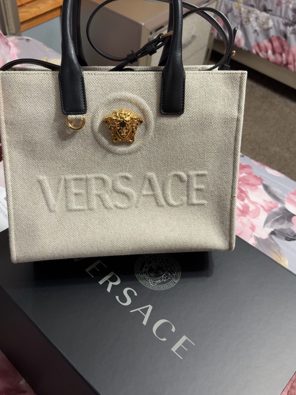 Versace Cream Canvas Tote with Black Leather Handles and Gold Medusa